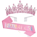 Pink crystal BIRTHDAY QUEEN crown set with sparkly sash and pin for birthday party - Pink Set (Girl)