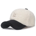 Winter teddy fleece baseball cap in white and black with embroidered letter R - Adjustable / White with Black Brim