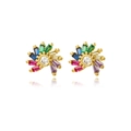 Elegant gold fan earrings with colorful baguette gemstones and central zircon on white base - Colorful Flower