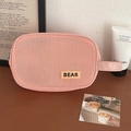 Pink mesh portable makeup bag with leather BEAR patch and convenient carrying strap - Rectangular Handheld / Orange