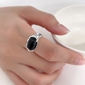 Verstellbarer 925 Silberring mit großem schwarzem Achat-Stein und moderner Textur - Schwarzer Achat Ring