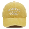 Close-up of vintage washed yellow baseball cap with 1994 limited edition white embroidery - Adjustable / Yellow