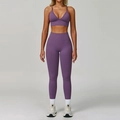 Ensemble de yoga sans couture violet pour femme avec brassière en V et legging taille haute - S / Haut Et Bas / Violet brume
