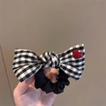 Classic black and white checkered bow scrunchie featuring a cute red heart accent - Black Checkered Bow ~ Heart Decor