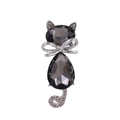 Detailed view of silver cat brooch featuring faceted grey crystals and crystal accents - Silver Grey