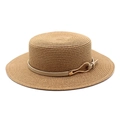 Detailed close-up of a vintage flat top straw boater hat with a golden buckle leather strap - M (56-58cm) / Khaki
