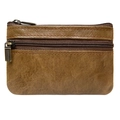 Vintage brown leather double zipper coin pouch and key holder with crazy horse texture - Light Coffee
