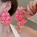 Pink floral tassel earrings with butterfly detail and long drop design for women - 138# Silver Needle - Rose Red