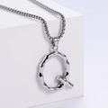 Close-up of molten silver letter Q pendant with fluid lava texture on box chain - Letter Q (Pendant Only)