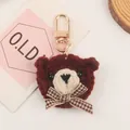 Handmade brown knitted bear keychain with checkered bow and golden metal spring clasp - Deep Coffee Style (Q1080-1)