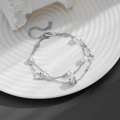 Double-layer titanium steel bracelet with white pearls and clover charms in silver finish - Double Layer Clover Lucky Bead Style (N407) / Silver