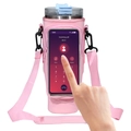 Pink water bottle sleeve with touch-screen phone pocket and adjustable strap - Plastic Buckle / Pink