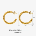 Gold twisted C-shape stainless steel earrings with 3cm diameter and 7g weight - Gold Twist Earring Style 2