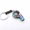 Rainbow plated alloy car turbo keychain with rotating blades and black leather loop - Multicolor