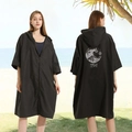 Quick-dry hooded surf poncho in black with zipper and back wave graphic print - One Size / Zipper Style - Black Surf