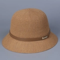 Detail of camel knit sun hat featuring a brown leather band and gold buckle accent - M(56-58cm) / Camel