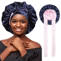 Double-layer satin bonnet in navy and pink with long adjustable ribbons for hair care - Reversible Straps / Navy Blue/Pink