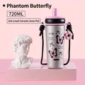 720ML silver 316 stainless steel cup with pink straw and butterfly pattern - Silver (Ceramic Liner)