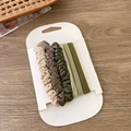 Detail view of 6 minimalist hair scrunchies in earth tones on a white display card - Scrunchie And Hair Ring Set / Light Green Set