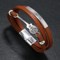 Men's punk multilayer leather bracelet featuring a silver guitar pendant and magnetic clasp - Tan
