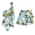 Women's light blue floral one shoulder swimsuit set with matching ruffled mini skirt - S / Light Blue Floral Resort Set (Swimsuit + Skirt)
