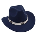 Detailed close-up of blue wool felt cowboy hat featuring white leather band and metal buckles - Navy Blue