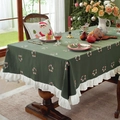 Christmas green cotton tablecloth with white ruffle edges and festive wreath embroidery - 90x90cm / Green Wreath + White Ruffle
