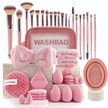 Pink makeup sponge and brush kit including storage bag, headband, and puff set - Professional Full Set / Pink