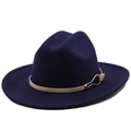 Detail of navy wool fedora hat featuring a light brown leather band and gold metal buckle - M(56-58cm) / Navy Blue