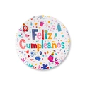 Tinplate badge with Feliz Cumpleaños text and colorful party elements decoration - Style 2 (White)