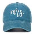 Close-up of white Mrs. embroidery and heart on washed blue denim baseball cap - Lake Blue Mrs.
