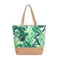 Tropical leaf print tote bag with faux linen contrast and large capacity handles - Light Green Wide Leaf