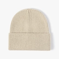 Classic cream white ribbed knit beanie hat with wide fold-over cuff for winter - One Size / Beige