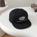 Detail of white embroidery on a black cotton hip hop cap with flat brim for kids - 52-54cm (3-8 Years) / Black