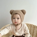 Brown knitted baby earflap hat with cute bear ears and straps for winter warmth - Coffee Small Ears - Lined