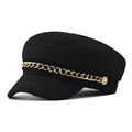 Detail of tweed baker boy hat featuring a black woven texture and golden metal chain - M (56-58cm) / Tweed Black