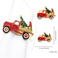 Red vintage truck napkin ring with green Christmas tree and gnome on white background - Christmas Truck (94)