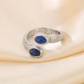 Silver adjustable snake ring with engraved texture and oval blue lapis stones - Silver Double Blue Stones (KR111584-GC)