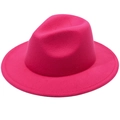 Detailed view of the rose red wide brim wool felt fedora with a classic pinched crown - Plain Flat Brim Without Rope / Rose Red