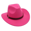 Detail of rose red felt cowboy hat featuring dark brown leather band and silver metal buckle - One Size / Rose Red