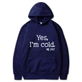 Navy blue oversized hoodie with Yes I'm Cold slogan print and front kangaroo pocket - S / Hooded / Navy Blue