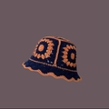 Handmade crochet bucket hat with navy blue and orange floral knit patterns - M (56-58cm) / Sunflower Navy Blue