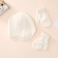 Detailed view of white baby winter knit hat with earflaps and matching soft mittens - Hat Gloves Combo / White