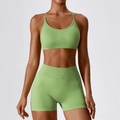 Two-piece avocado green seamless yoga set with thin strap V-neck top and high waist shorts - 7137 Bra + 7137 Shorts (green) / XL