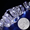 Cold white LED Christmas ribbon lights with black star and moon pattern on gauze - Silver Ribbon (White Light)