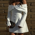 Detail of white off-shoulder satin dress featuring fabric-wrapped buttons and long sleeves - S / White