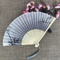 Chinese style folding fan with black bamboo ink painting and elegant grey tassel - No.30 Ink Bamboo With Tassel