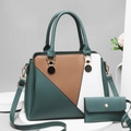 Fashion color block 2-piece tote bag set in dark green, brown and white PU leather - Handbag And Pouch (Green) / Green