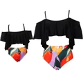 Passendes Mutter-Tochter Bikini-Set mit Rüschentops und bunten floralen Unterteilen - Erwachsene S / Schwarz Bedruckt