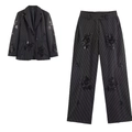 Damen Nadelstreifen-Anzug in Dunkelgrau mit Blumenstickerei und gerader Hose - S / Set mit schwarzen Zirkonia